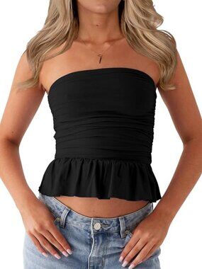 🖤✨ NWT Black Ruched Strapless Peplum Tube Top Medium